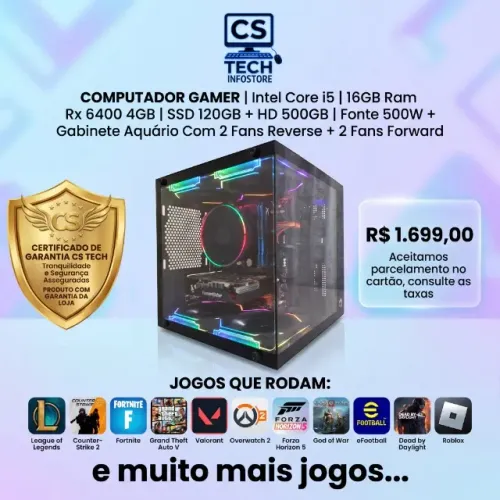 Computador Pc Gamer Com Garantia | Intel Core i5 | 16Gb Ram + RX 6400 | SSD + HD | C/ Fans