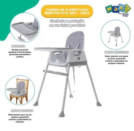 Cadeira de Alimentação Bebê Portátil Zest Maxi Baby Cinza - 3 em 1 - Perfeito Estado