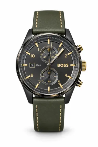Relógio Masculino BOSS Skytraveller 1514148 44 mm Pulseira de Couro Verde - Novo na Caixa
