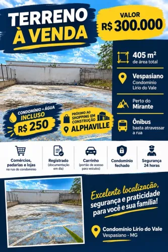 ? TERRENO 405m² EM CONDOMÍNIO FECHADO - VESPASIANO/MG