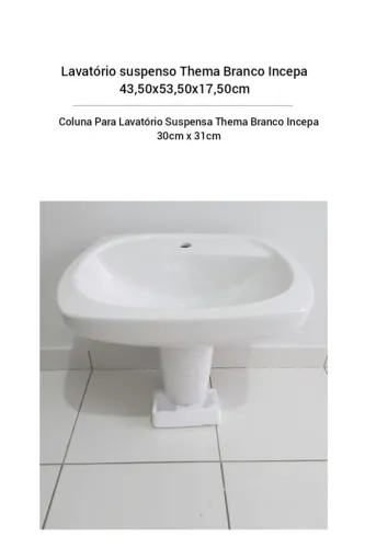 Lavatório de banheiro com coluna suspenso Thema Incepa
