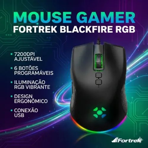 Mouse Gamer Blackfire RGB 7200DPI 6 Botões USB Preto para Precisão e Controle