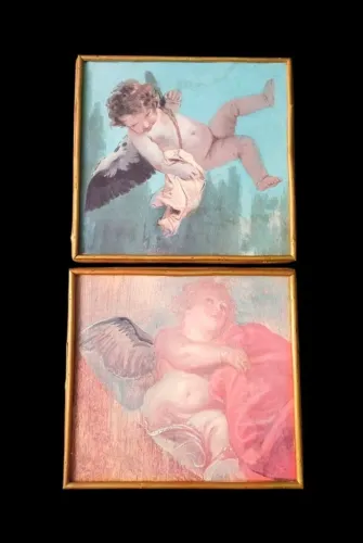 Conjunto com duas Oleogravuras vintage, anos 70 - Querubins em Estilo Rococó