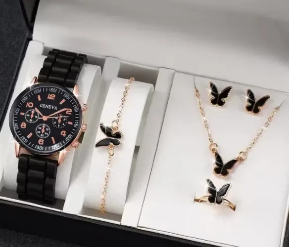 Relógio + kit com brincos, pulseira e colar