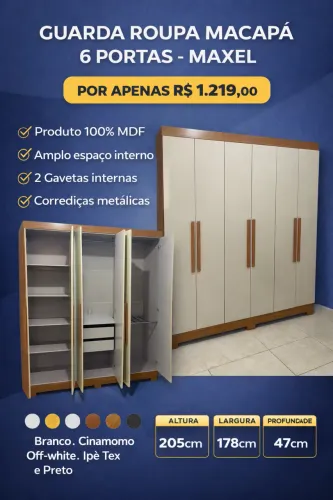 Roupeiro 6 portas 100% MDF NOVO E MONTAGEM GRÁTIS 
