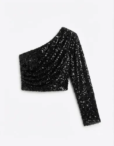 CROPPED NULA MANGA PAETÊ PRETO