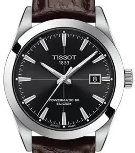 Relógio Tissot Gentleman Powermatic 80 Silicium com mostrador preto e pulseira de couro 