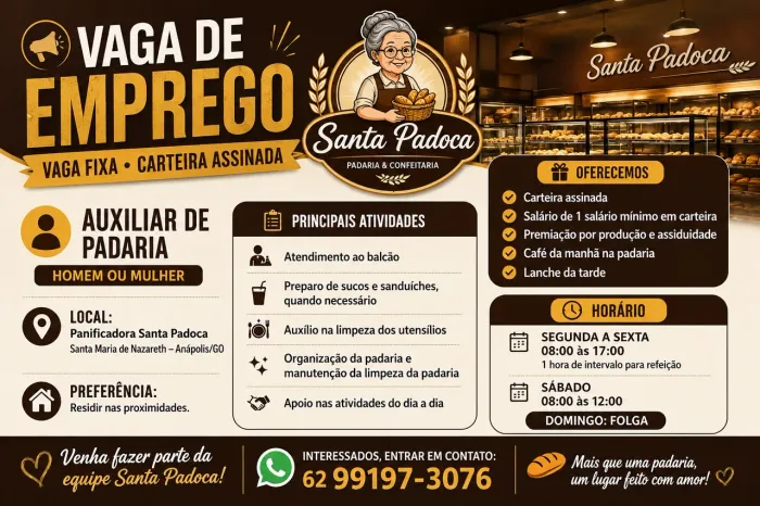 Vaga de auxiliar em padaria