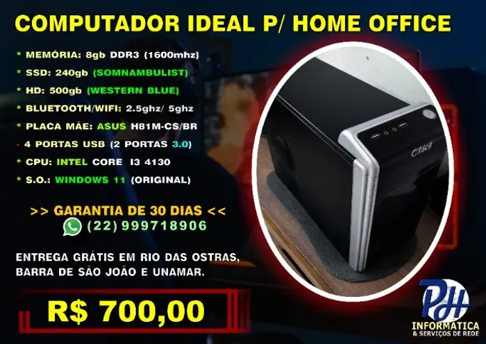 Computador Home Office Core i3 Mem 8gb SSD240gb HD 500gb WiFi (Produto OEM-Entrega Grátis)