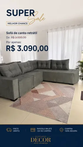 Sofá de canto (2,60m X 2,20m) Tecido suede com acentos retráteis.