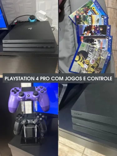 PlayStation 4 PRO + jogos, controle e suporte de controle