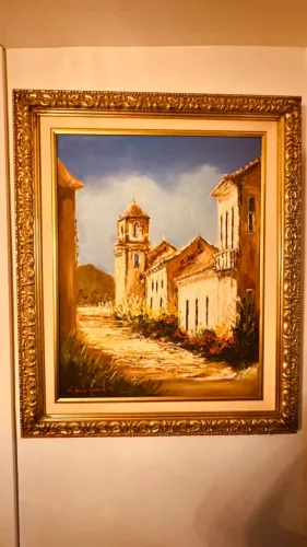 Tela Óleo Sobre Céu Igreja Histórica Moldura Dourada Luxo