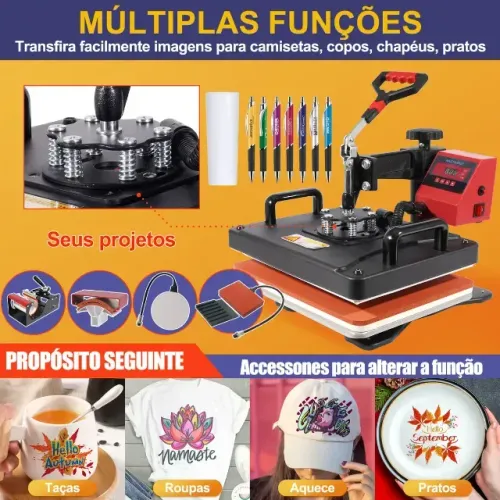 (50) Prensa Térmica 8 em 1 Sublimação Camiseta Caneca Boné Prato Long Drink Caneta 220V
