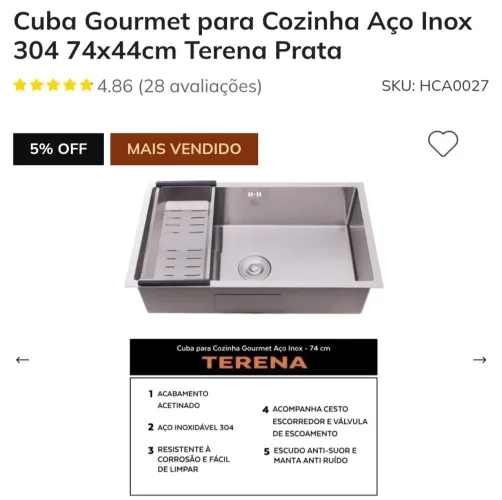Cuba Gourmet para Cozinha Aço Inox 304 74x44cm Terena Prata