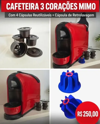 Cafeteira 3 Corações+Cápsulas reutilizáveis