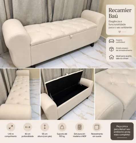 Recamier Baú 1,40m com Capitonê Baú- Bege/Creme - Excelente Estado