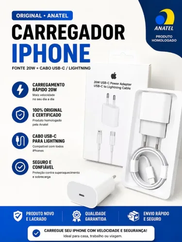 ? CARREGADOR iPHONE 20W + CABO USB-C PARA LIGHTNING ?