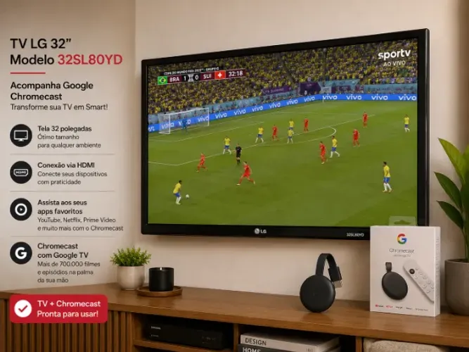 TV LG 32 polegadas+ Chromecast | Pronta para Netflix e YouTube -