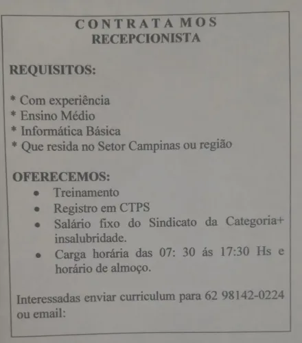 Vaga para recepcionista