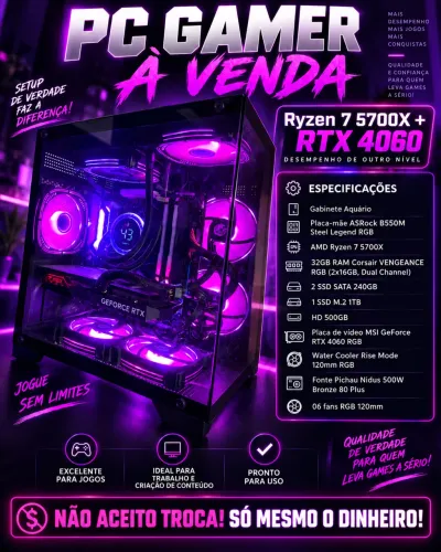 PC Gamer Ryzen 7 5700X + RTX 4060 | 32GB RAM | SSD M.2 1TB | RGB