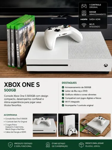 Xbox One S 500GB + 1 Controle Original + 3 Jogos