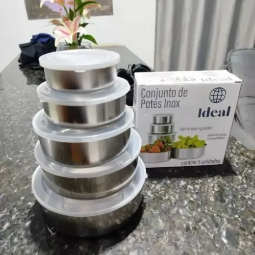 Conjunto de Tigelas Potes de Inox com Tampa - 5 peças