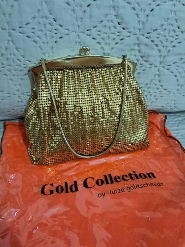 Bolsa de Festa Vintage Luiza Goldschmidt Malha de Metal Dourada com Porta-Níquel