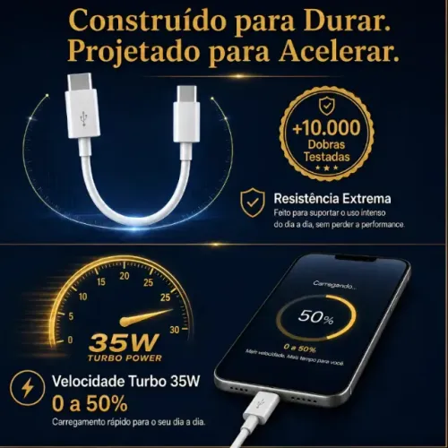 Cabo USB-A para USB-C 35W Turbo e 1m, para Carregar e Dados Ultra Rápido em iPhone 15, Sam