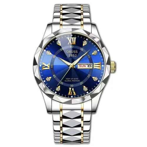 Relógio Masculino Elegante ORUSS 1853 - Bicolor (Dourado/Prateado) com Mostrador Azul