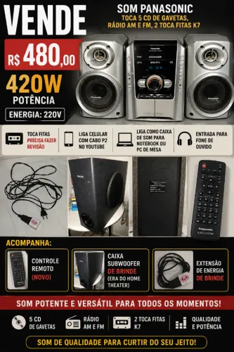 Som Panasonic toca 5 CD, Rádio, toca fitas k7, controle novo e Youtube cabo P2
