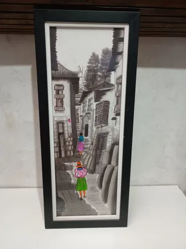 Quadro com moldura representando uma viela 23x56 cm