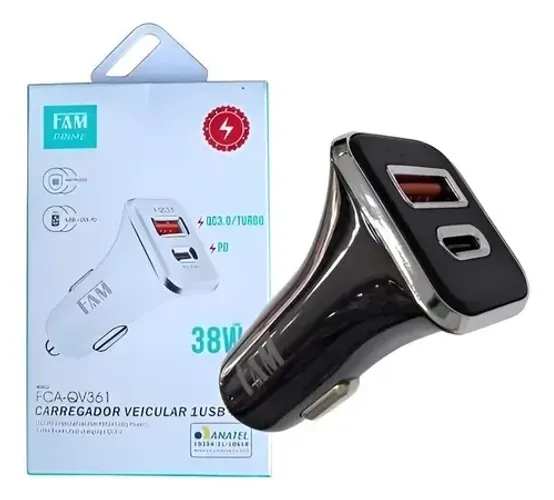 Carregador Veicular 38w USB e TipoC Turbo PD Fam Prime A-pd Preto