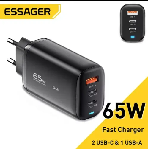 Carregador essager novo original Rápido 65W - 2 USB-C e 1 USB-A