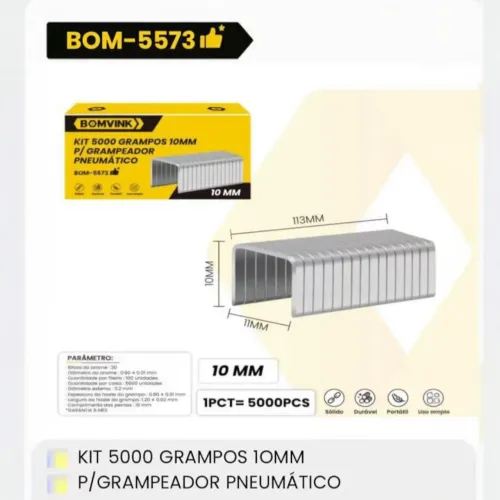 Grampo 10MM Para Grampeador Pneumático Caixa Com 5000 Grampos