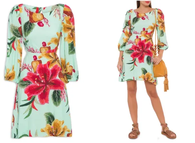 vestido curto bordando flor verde farm p