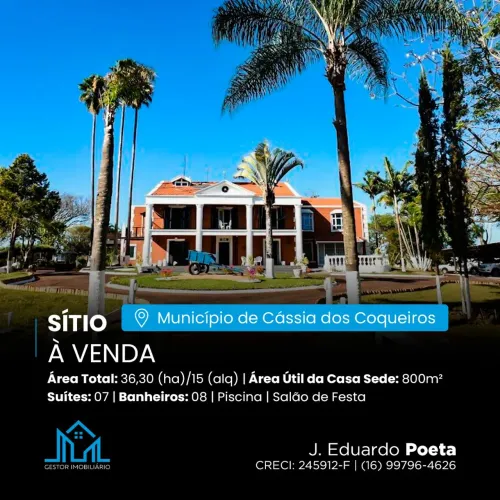 Lindo Sítio em Cássia do Coqueiros-SP, com 36,30(ha)/15Alq.e casa sede com 800m²
