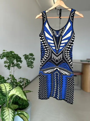 Vestido de Ticot M Curto Azul e Dourado Verão