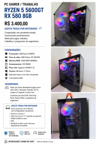 ? PC Gamer / Trabalho - Ryzen 5 5600GT + RX 580 8GB