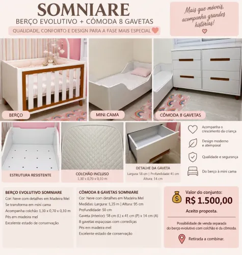 berço evolutivo para mini cama somniare neve/madeira mel + colchão cômoda 8 gavetas