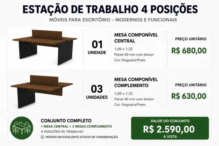Estação de Trabalho para Escritório 4 Lugares | Mesa Plataforma Componível