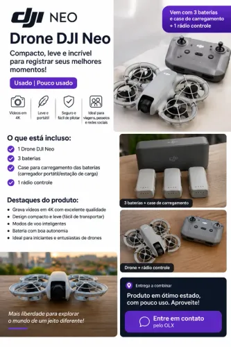 Drone DJI Neo 4k + 03 Baterias com hub de carregamento + Rádio controle (pouco usado)