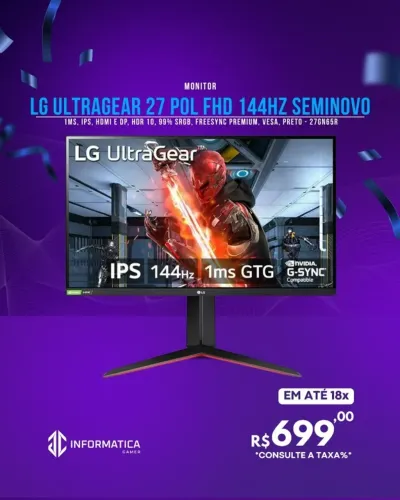 MONITOR LG ULTRAGEAR 27 POL FHD 144HZ SEMINOVO
