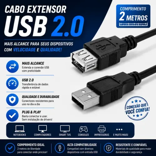 Cabo Extensor Usb Macho Fêmea 2 Metros