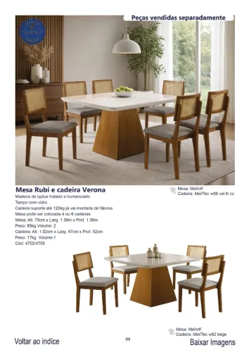 Mesa de jantar Rubi tp vidro 1.35M c/ 06 cadeiras verona