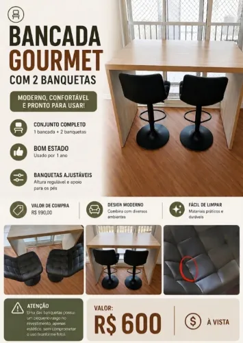 Bancada gourmet com 2 banquetas