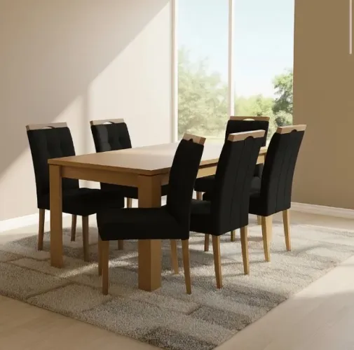 Conjunto Louvre 180 Amêndoa Clean 6 Cadeiras Veludo Preto
