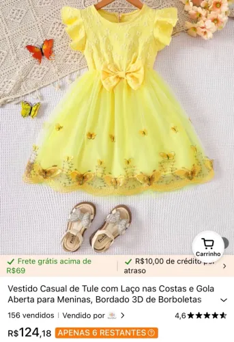 Vestido infantil Amarelo de borboleta