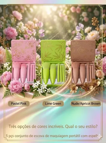 Kit de Pincéis de Maquiagem Portátil com Espelho (5 Peças)