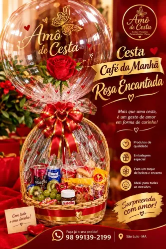 Cesta Café da Manhã Rosa Encantada Com Balão Buble e Mensagem Personalizada.