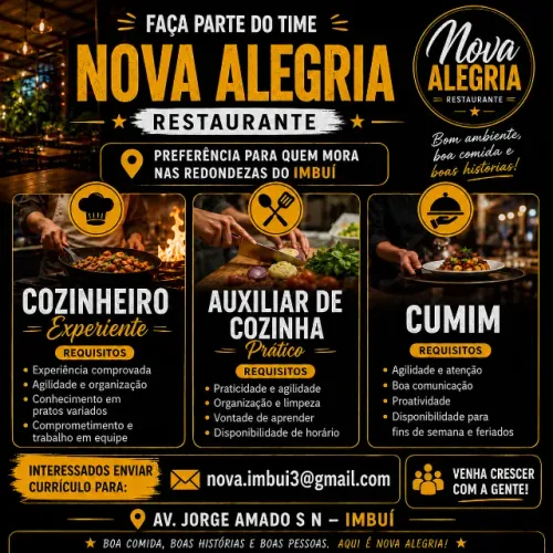 Vagas para cozinheiro, auxiliar de cozinha, cumim